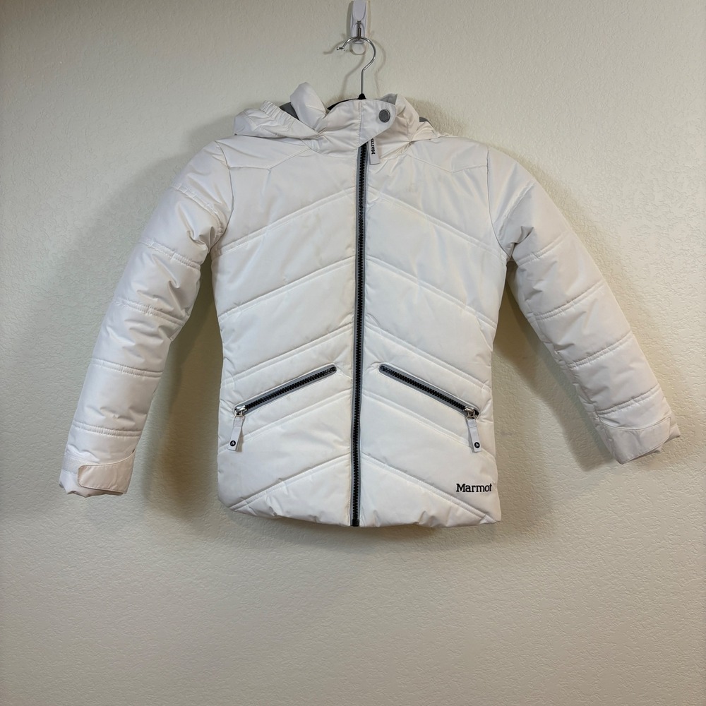 Marmot Puffer Jacket Kids XS White Good Insulated Hooded Ski Winter Coat E76680